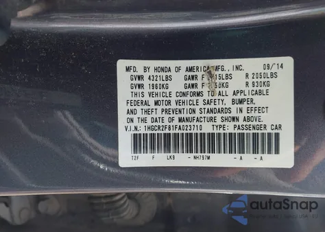 2015 Honda Accord Ex-L z USA, uszkodzony, nr VIN 1HGCR2F81FA023710